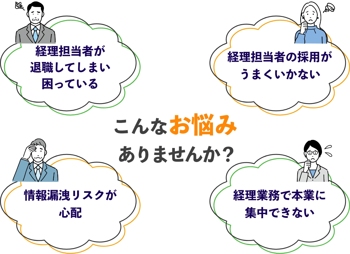 こんなお悩みありませんか? 経理担当者が退職してしまい困っている。経理担当さやの採用がうまくいかない。情報漏洩リスクが心配。経理業務で本業に集中できない。